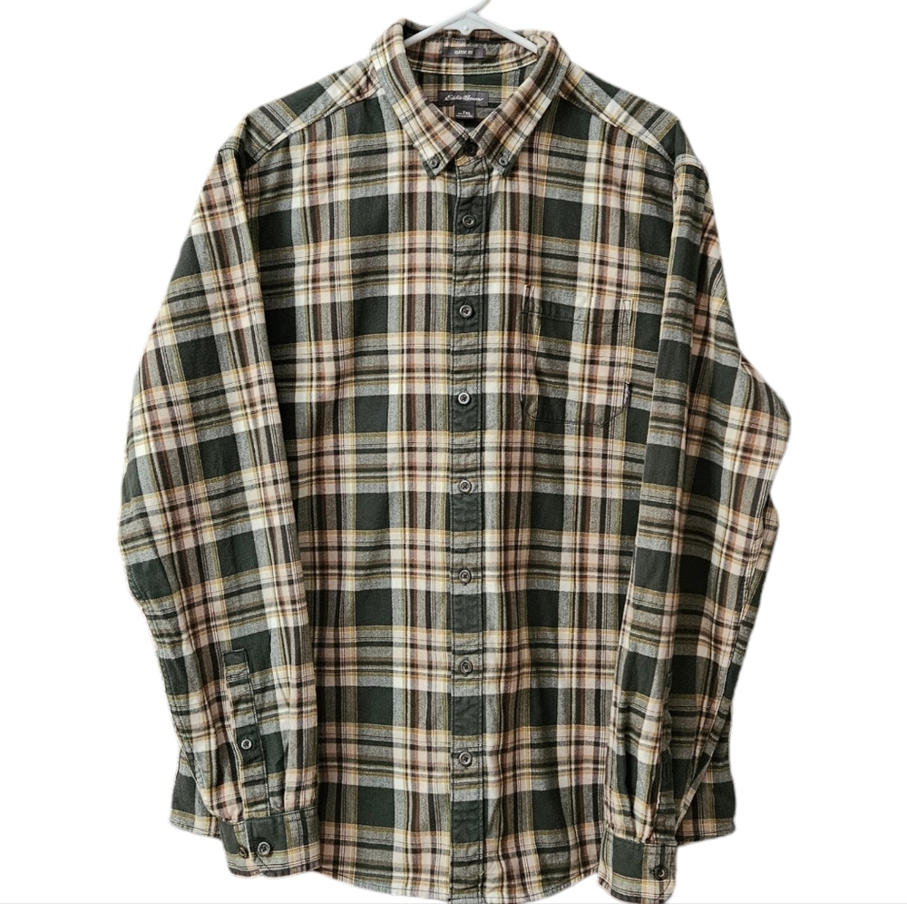 Eddie Bauer Men's Flannel Button Down Shirt Size XLT Plaid Green